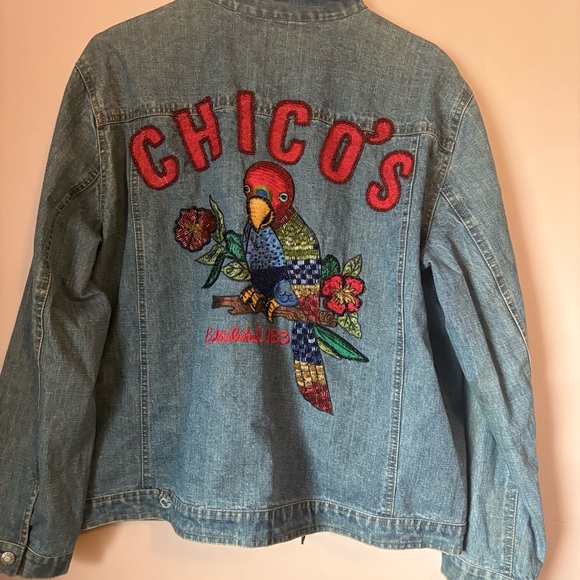 Chico's Jackets & Blazers - 💚Chico's Blue Jean Jacket with Colorful Parrot Embroidery